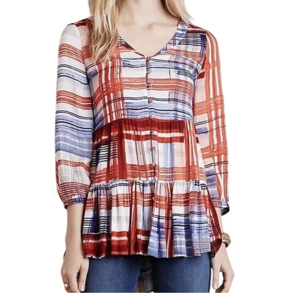 Maeve Anthropologie Lila Tiered Peasant Blouse Top Red White Blue Stripe Medium - Picture 1 of 8